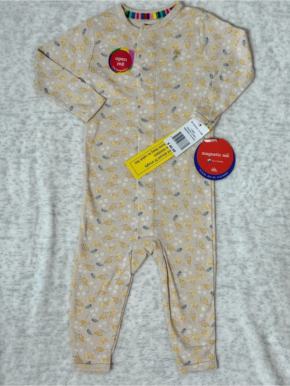 NWT Magnetic Me Logan Floral Bird Footless Coverall 9-12M Baby Organic Cotton